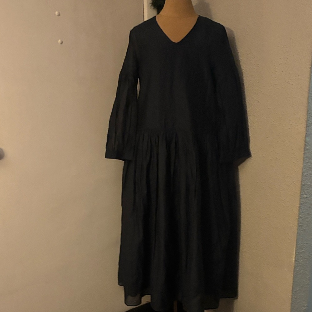 S' Max Mara Navy Gathered Silk/Cotton Midi Shift Dress 4 Quiet Luxury Old Money